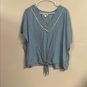 Relaxed Blue Tie Front Blouse